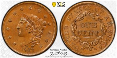 1837 1C Newcomb 7 MS65BN