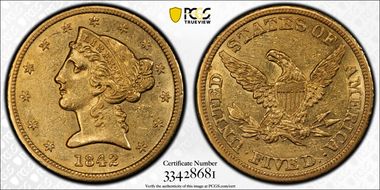 1842 $5 Large Letters AU55