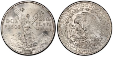 1921-Mo 2 Peso Centennial, 9 Tail F. KM-462  Ag MS66