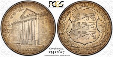 1932 2 Kr University of Tartu KM-13  Ag MS65
