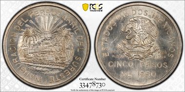 1950-Mo 5 Peso Southeastern Railroad KM-466  Ag MS63