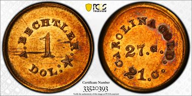 (1842-50) G$1 A. Bechtler 27 Grains, 21 Carat PE MS61