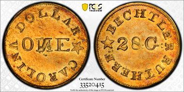 (1837-42) G$1 C. Bechtler, 28.G Centered N Reversed MS63