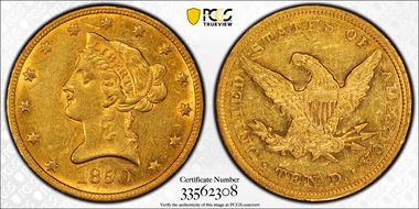 1850 $10 Small Date AU58