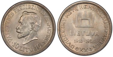 1938 10 Litu Republic ↑↑ KM-84 Ag MS64