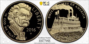 2016-W $5 Mark Twain First Strike Mark Twain Label PR70DCAM
