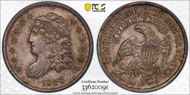 1837 H10C Capped Bust, Small 5C AU58