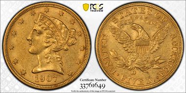1907-D $5 AU58