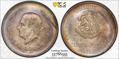 1953-Mo 5 Peso Hildago KM-467 Ag MS65