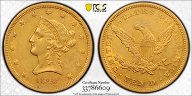 1842 $10 Small Date AU55