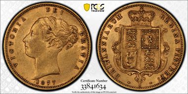 1877-M 1/2 Sov S-3863A Narrow Ribbon AU53