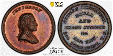 (1867) AE Medal JAB-26 Copper Thomas Jefferson MS63RB