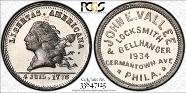 (1876) Token Pa-Ph 785 White Metal John E. Vallee MS64