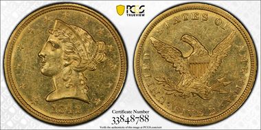 1842-D $5 Small Date MS62