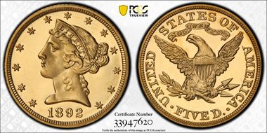 1892 $5 PR65DCAM