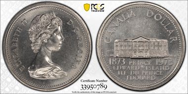 1973 $1 PEI Centennial w/die crack linking beads MS66