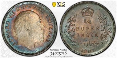 1907(C) 1/4 Rup SW-7.86 MS63