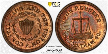 No Date Token F-630AG-5do Copper-Nickel PE John P. Gruber, Overstk on 1863 1C MS64