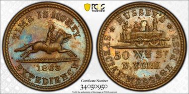 1863 Token F-630AK-2b Brass PE Hussey's MS63