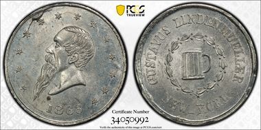 1863 Token F-630AQ-3e White Metal PE Gustavus Lindenmueller MS64