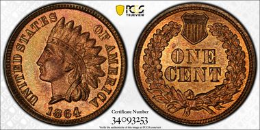 1864 1C L on Ribbon MS66RB