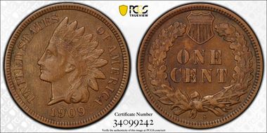 1909-S 1C Indian AU50BN