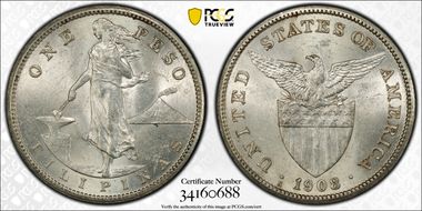 1908-S Peso KM-172  Ag MS62