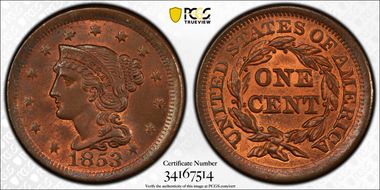 1853 1C Newcomb 30 MS64RB