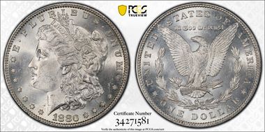 1880 $1 VAM 9, 8/7 Stem MS64