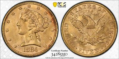1884 $5 MS64