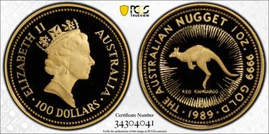 1989-P $100 Red Kangaroo-Nugget Au PR69DCAM