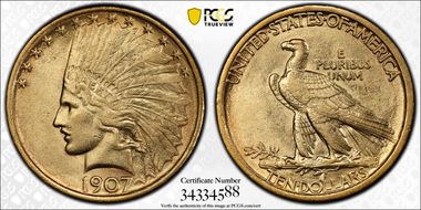 1907 $10 Indian AU58