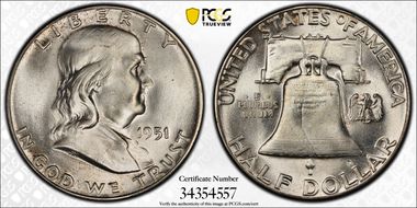 1951 50C Obv Die Clash FS-402 MS65