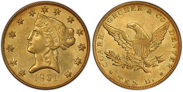 1861 $10 Clark, Gruber & Co. MS61