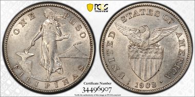 1908-S Peso KM-172  Ag AU55