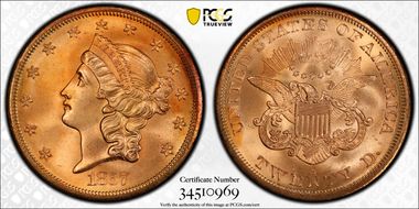 1857-S $20 Spiked Shield S.S. Central America #2 (with Pinch) MS67+