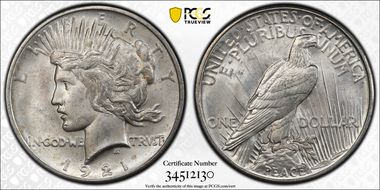 1921 $1 High Relief, Peace MS64