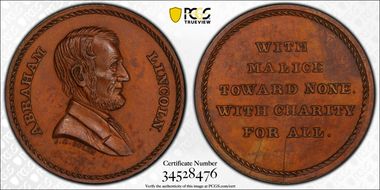 (c.1865) Medalet JAB-20 Copper Kline-Abraham Lincoln MS63BN