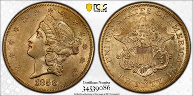 1856-S $20 No Serif, Right S S.S. Central America #2 (with Pinch) AU55