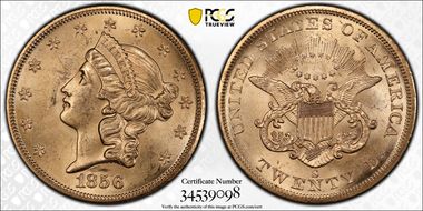 1856-S $20 Full Serif, Broken A S.S. Central America #2 (with Pinch) MS62