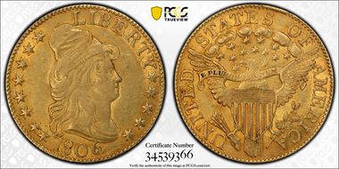 1806 $5 Pointed 6, 8X5 Stars AU58