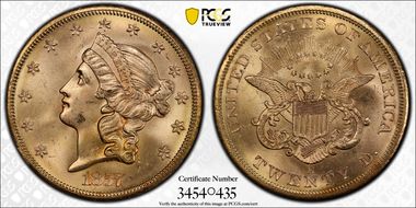 1857-S $20 Spiked Shield S.S. Central America #2 (with Pinch) MS64
