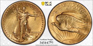 1907 $20 High Relief, Wire Edge MS64+