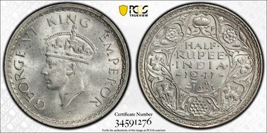 1941(B) 1/2 Rup SW-9.53 MS63