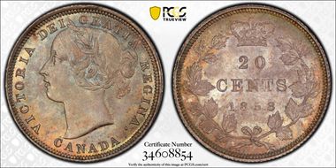1858 20C Re-engraved 5 MS66+