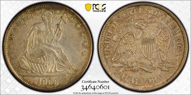 1866-S 50C Motto AU55