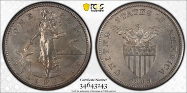 1909-S Peso KM-172  Ag AU58