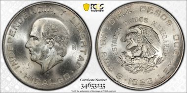 1955-Mo 10 Peso Hidalgo KM-474  Ag MS65