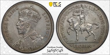 1934-35 Florin Centennial KM-33  Ag MS63
