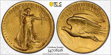 1907 $20 High Relief, Wire Edge MS64